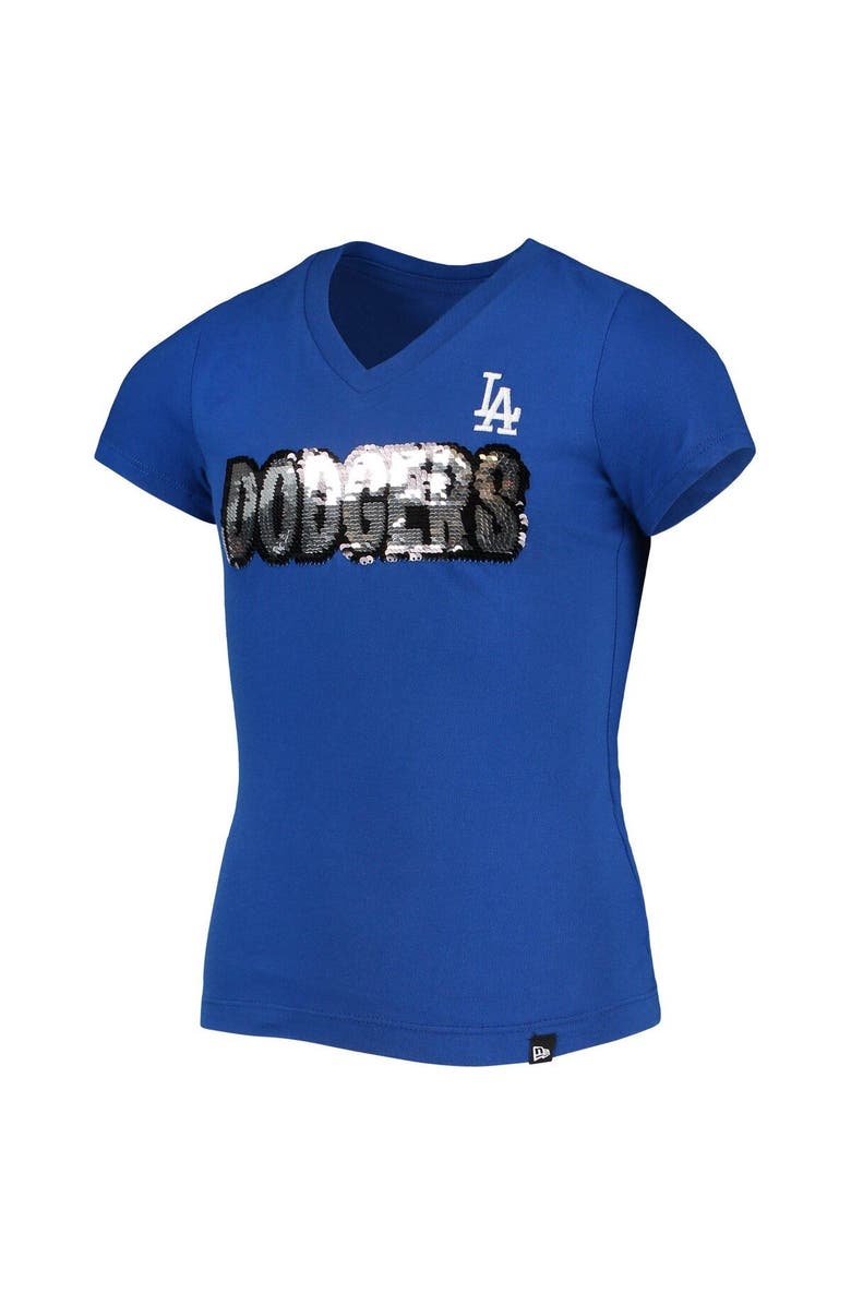 New Era Girls Youth New Era Royal Los Angeles Dodgers Flip Sequin Team T-Shirt, Alternate, color,