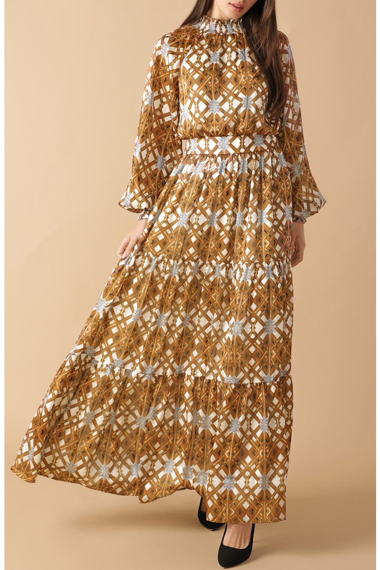 Print Tiered Long Sleeve Maxi Dress, Alternate, color, IVORY