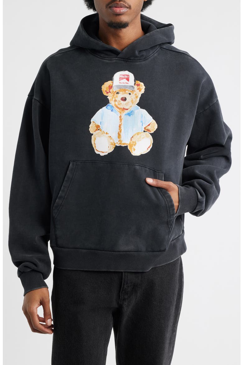 Watercolor Teddy Bear Graphic Hoodie, Main, color, BLACK