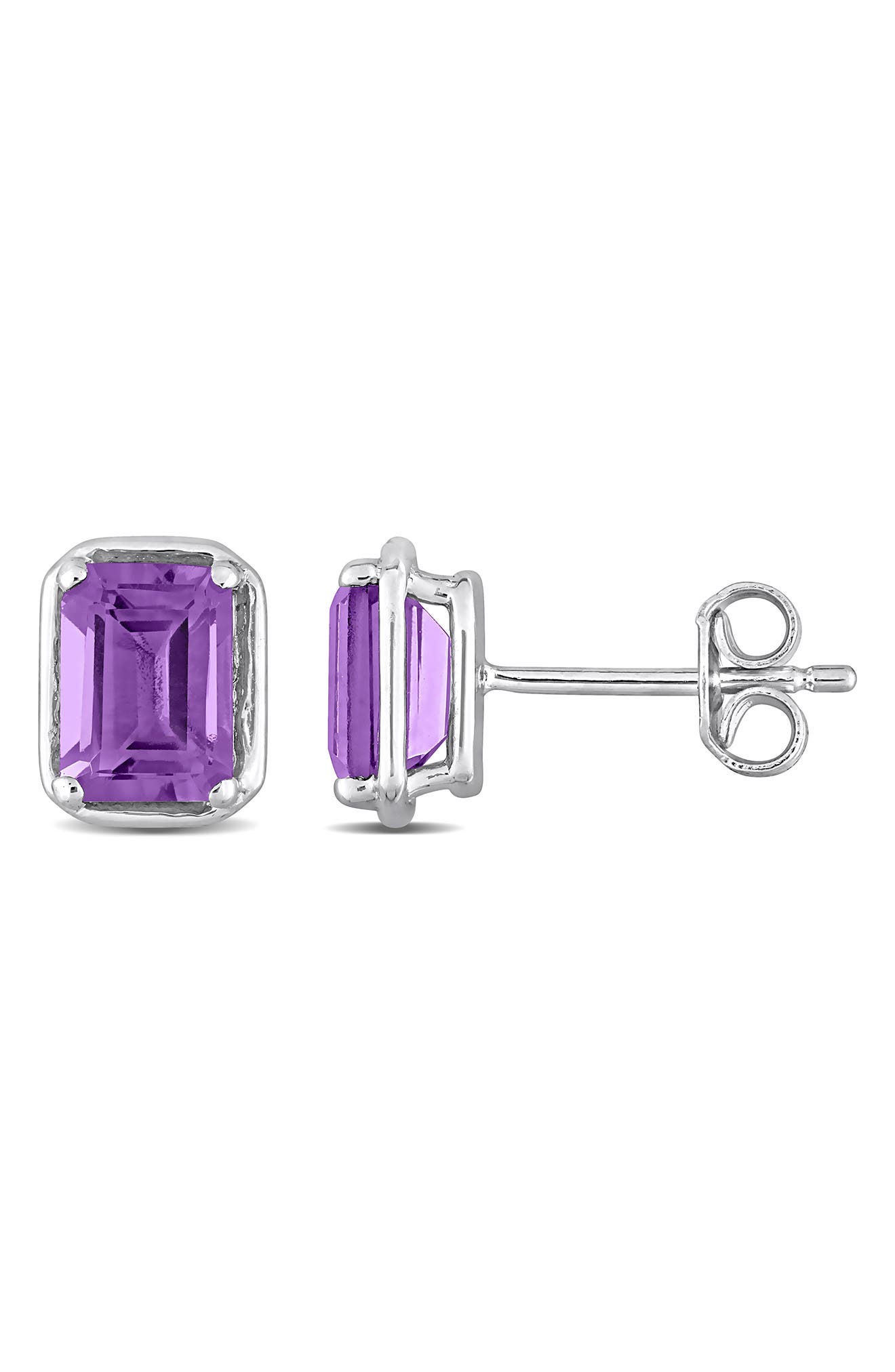 DELMAR Sterling Silver Emerald Cut Amethyst Stud Earrings
