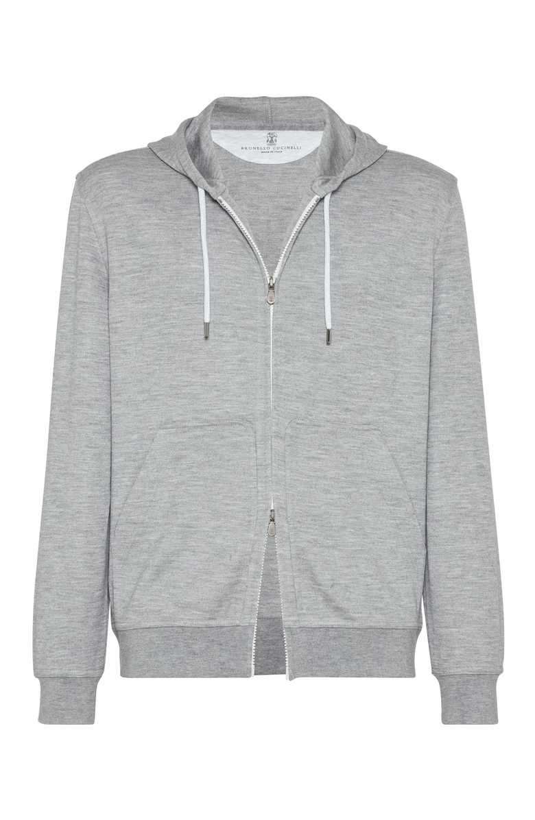 Brunello Cucinelli Cashmere and silk French terry hooded sweatshirt with zipper, Main, color, 