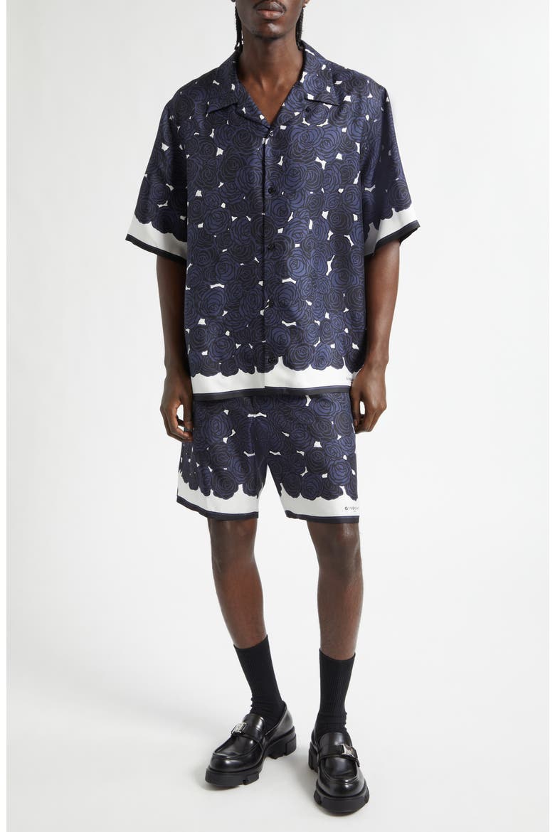 Floral Elastic Waist Silk Shorts, Alternate, color, DARK NAVY