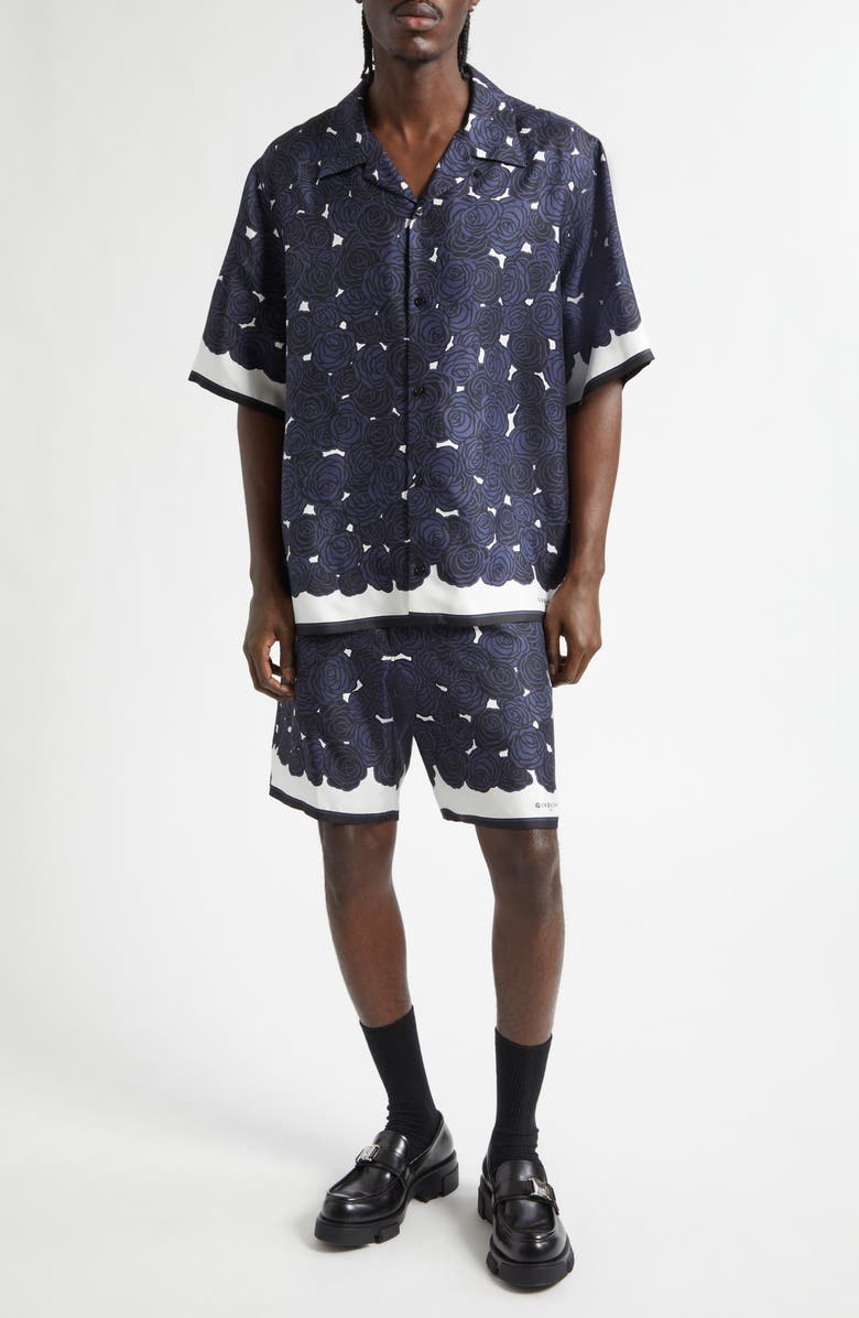 Givenchy Rose Print Silk Twill Camp Shirt, Alternate, color, Dark Navy