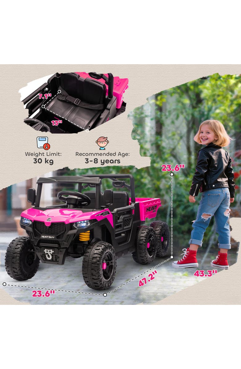 Qaba 24V Kids Ride On Truck with 6 Wheels 2 Seater 4WD Electric Ride On Car with Dump Bed Remote Control Wheel Suspension for Years, Alternate, color, Pink