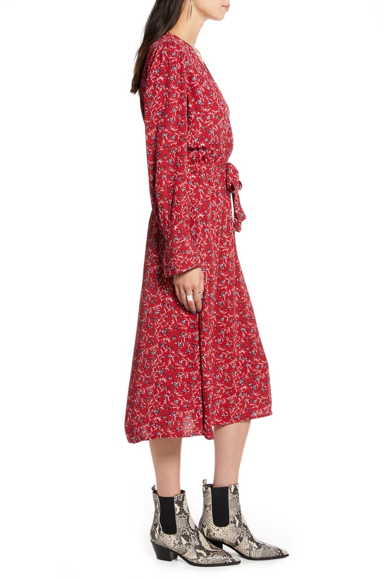 Blouson Midi Dress, Alternate, color, RED DAHLIA MINI VINE LILY