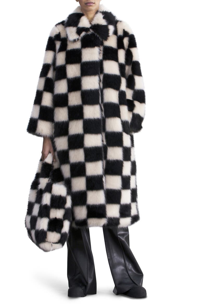 Nino Long Checkerboard Faux Fur Coat, Main, color, OFF WHITE/ BLACK CHECK
