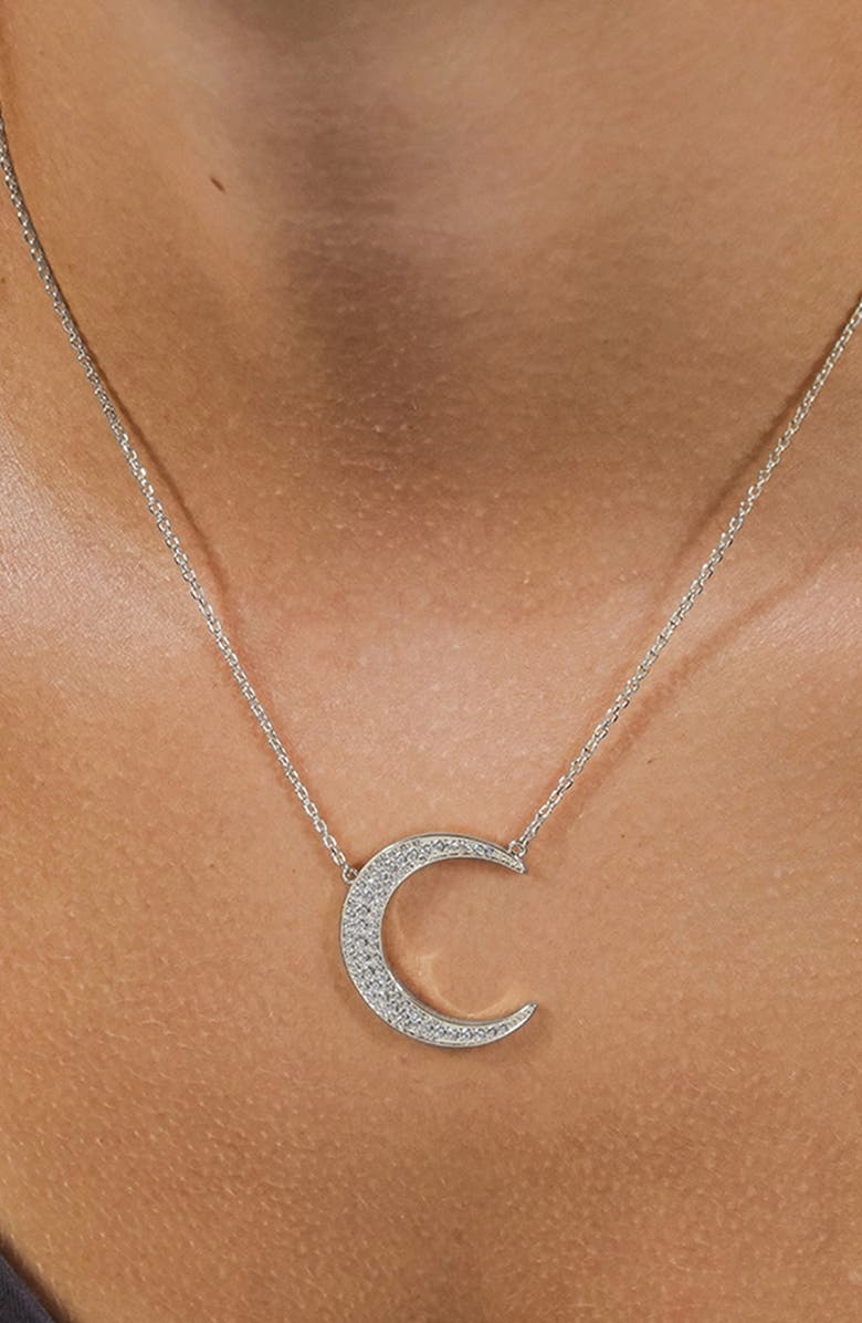 Sterling Forever Stationed Cubic Zirconia Crescent Pendant Necklace, Alternate, color, Silver