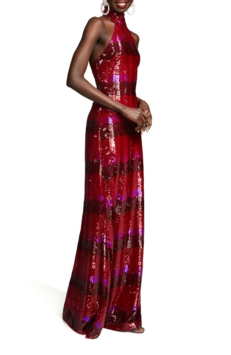 HALSTON Eira Sequin Chevron Halter Neck Gown, Alternate, color, 