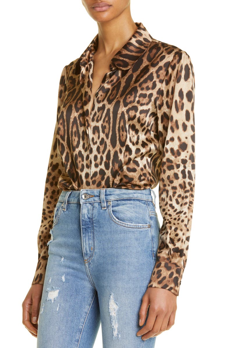 Dolce&Gabbana Leopard Print Silk Satin Blouse, Alternate, color, 