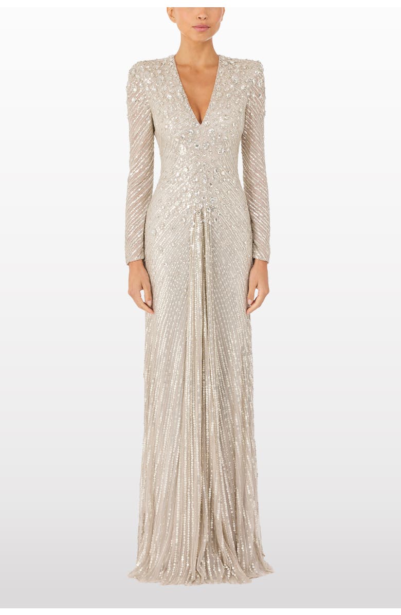 Jenny Packham Eve Sequin-Embellished V-neck Dress, Alternate, color, Platinum