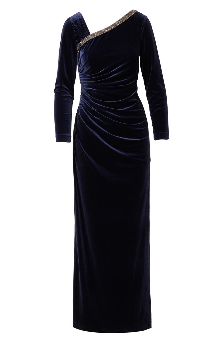 Adrianna Papell Asymmetric Long Sleeve Ruched Velvet Gown, Alternate, color,