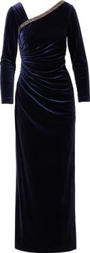 Adrianna Papell Asymmetric Long Sleeve Ruched Velvet Gown