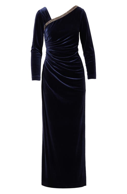 Adrianna Papell Asymmetric Long Sleeve Ruched Velvet Gown In Black