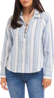 Karen Kane Stripe Linen Blend Lace-Up Popover Shirt