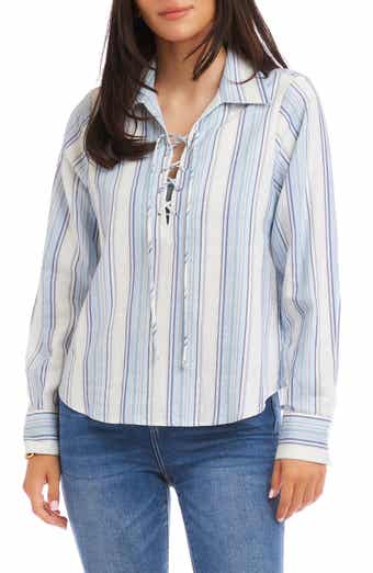 Stripe Linen Blend Lace-Up Popover Shirt