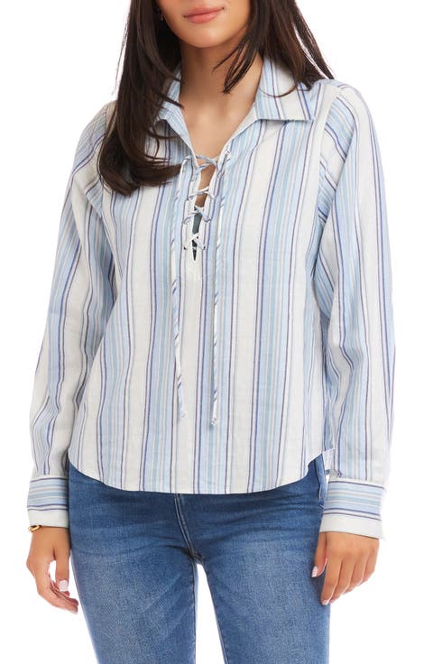 Karen Kane Stripe Linen Blend Lace-Up Popover Shirt (Regular & Petite)
