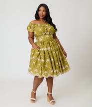 Unique Vintage Plus Size 1950s Off The Shoulder Ruffle Swing Dress