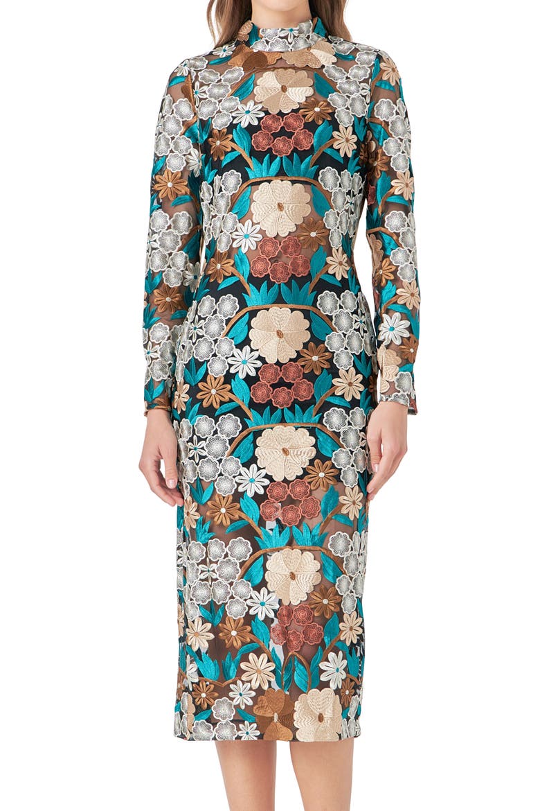 Floral Embroidered Long Sleeve Dress, Alternate, color, GREEN MULTI