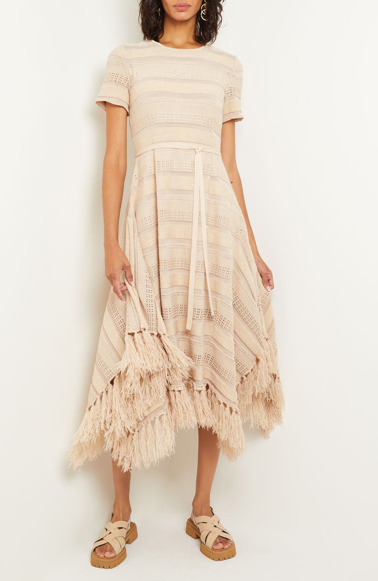 Misook Pointelle Stripe Tassel Detail Midi Dress, Main, color, 