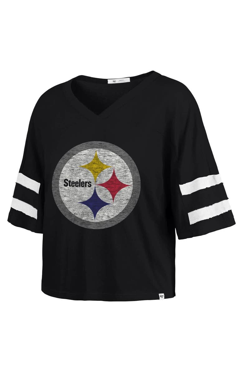 '47 Women's '47 Black Pittsburgh Steelers Premier Scout Cropped V-Neck T-Shirt, Alternate, color, Black