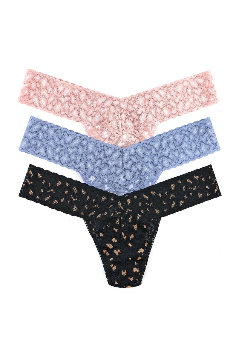 Hanky Panky Leopard Cross Dye Assorted 3-Pack Low Rise Thongs, Main, color, Black/ Rose/ White/ Blue/ Blue