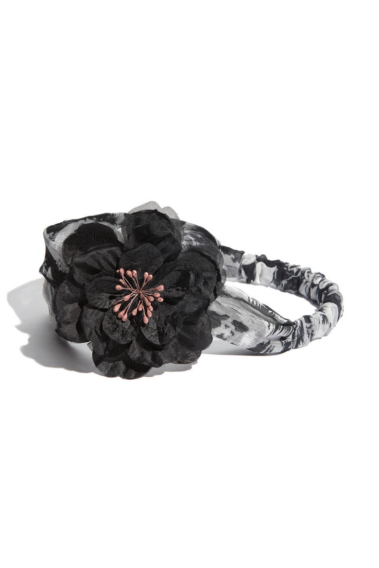 'Retro Flower' Head Wrap, Main, color, BLACK