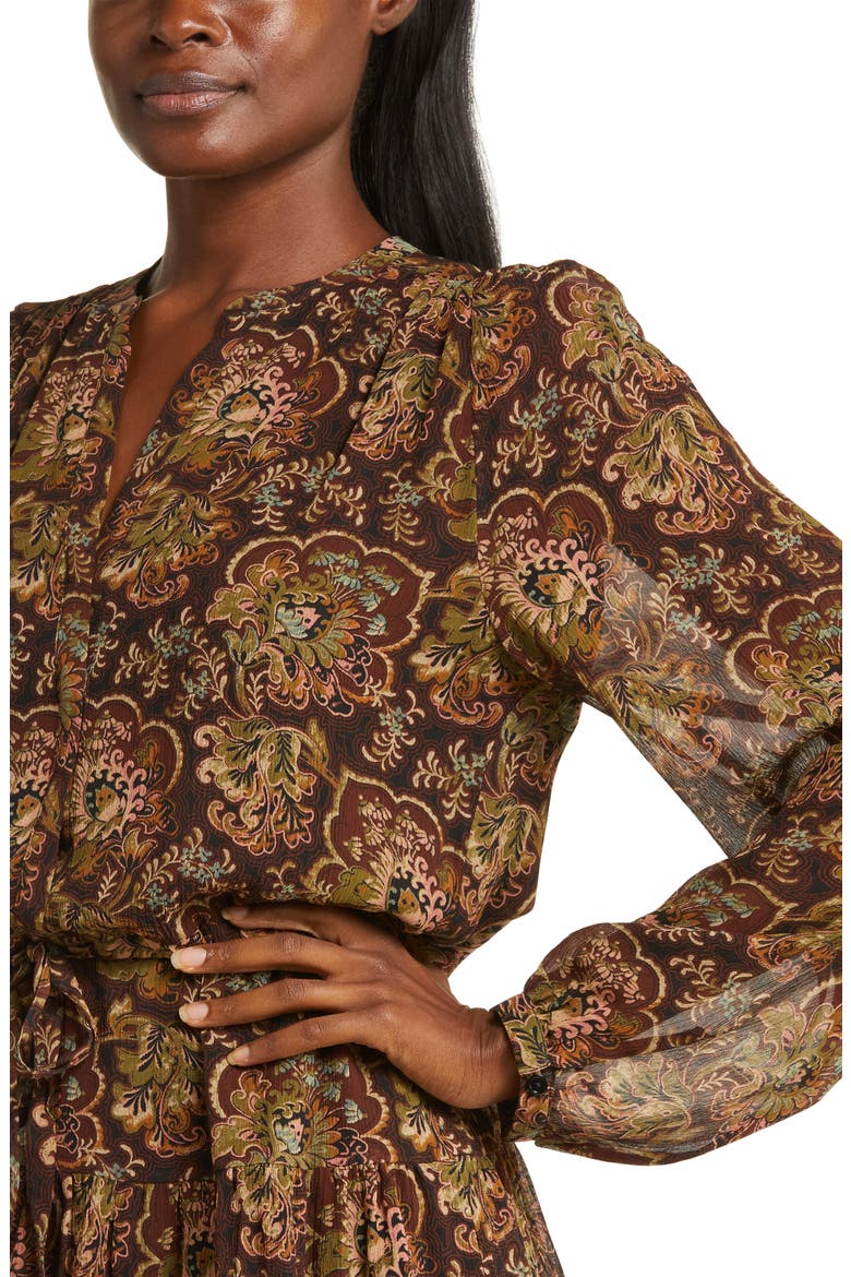 Elias Floral Long Sleeve Silk Dress, Alternate, color, BLACK/ BROWN