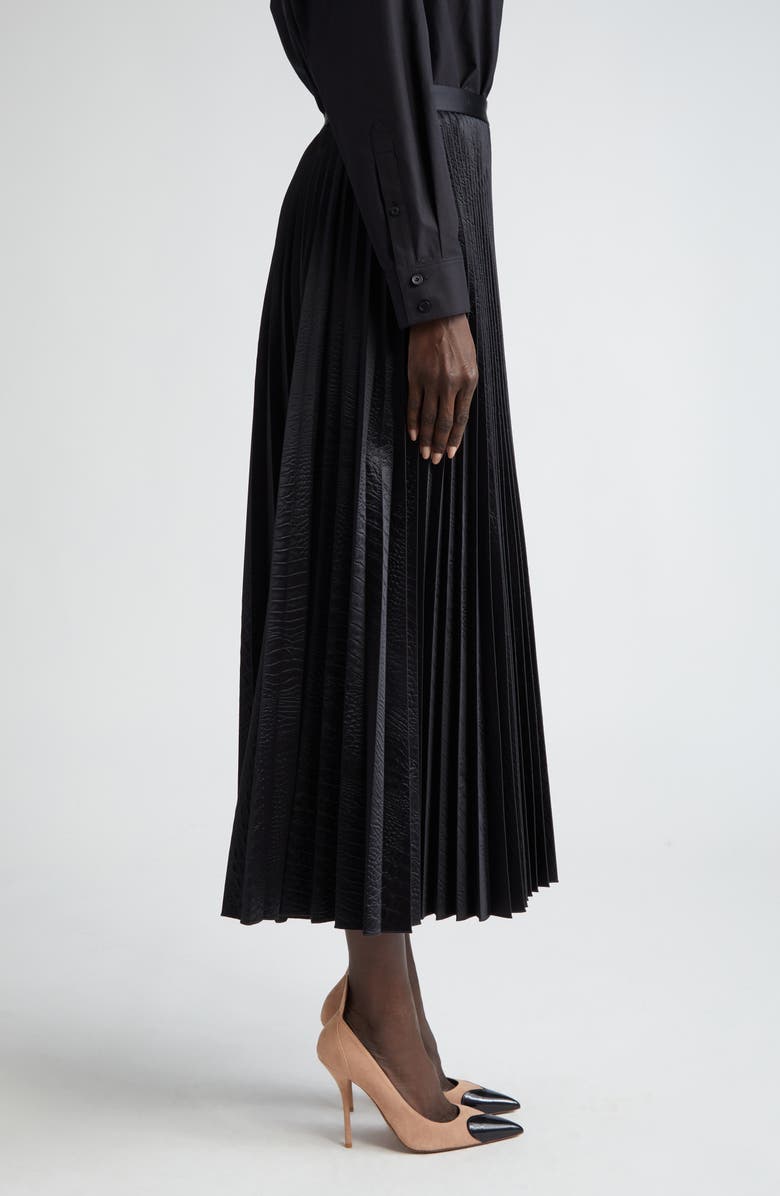 Alaïa Croc Embossed Pleated Faux Leather Midi Skirt, Alternate, color, 