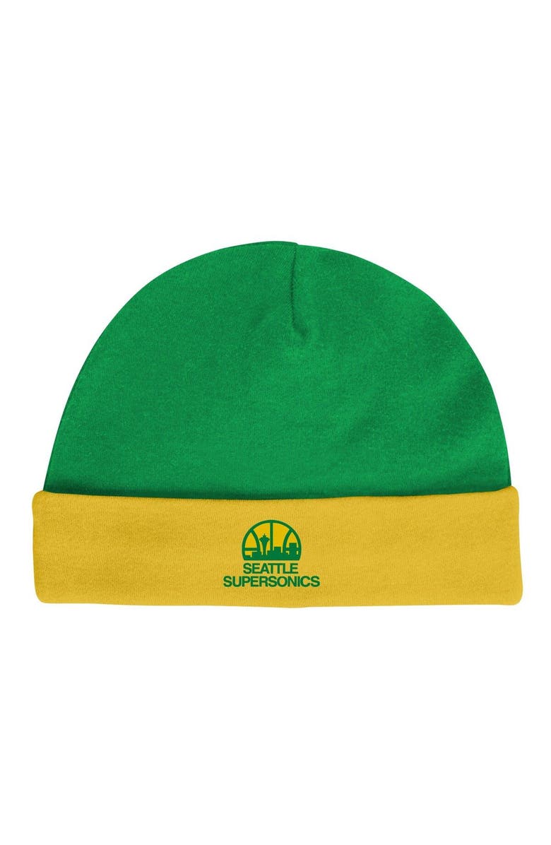 Mitchell & Ness Infant Mitchell & Ness Green/Gold Seattle SuperSonics Hardwood Classics Bodysuits & Cuffed Knit Hat Set, Alternate, color,