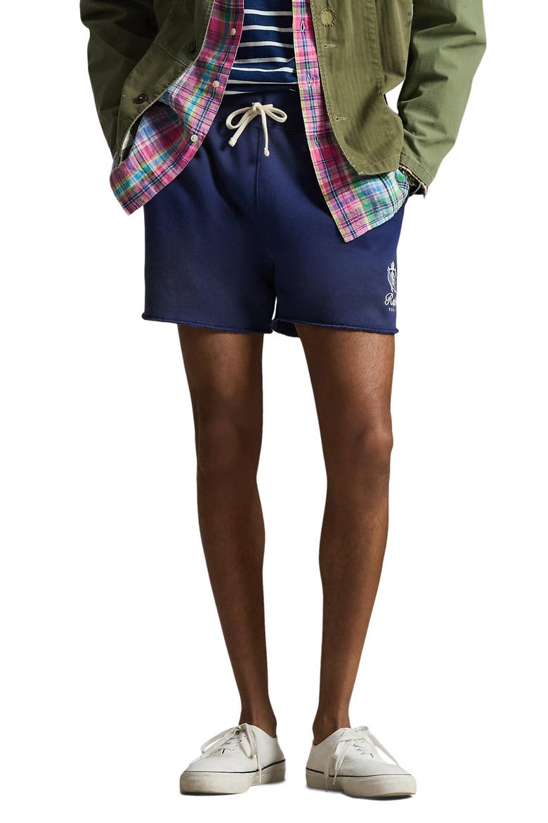 Relaxed Fit Embroidered Fleece Shorts, Main, color, DARK COBALT