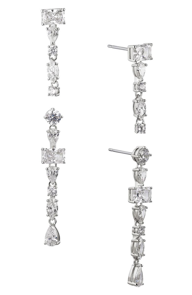 Nadri Set of 2 RSVP Cubic Zirconia Linear Drop Earrings, Main, color, Rhodium