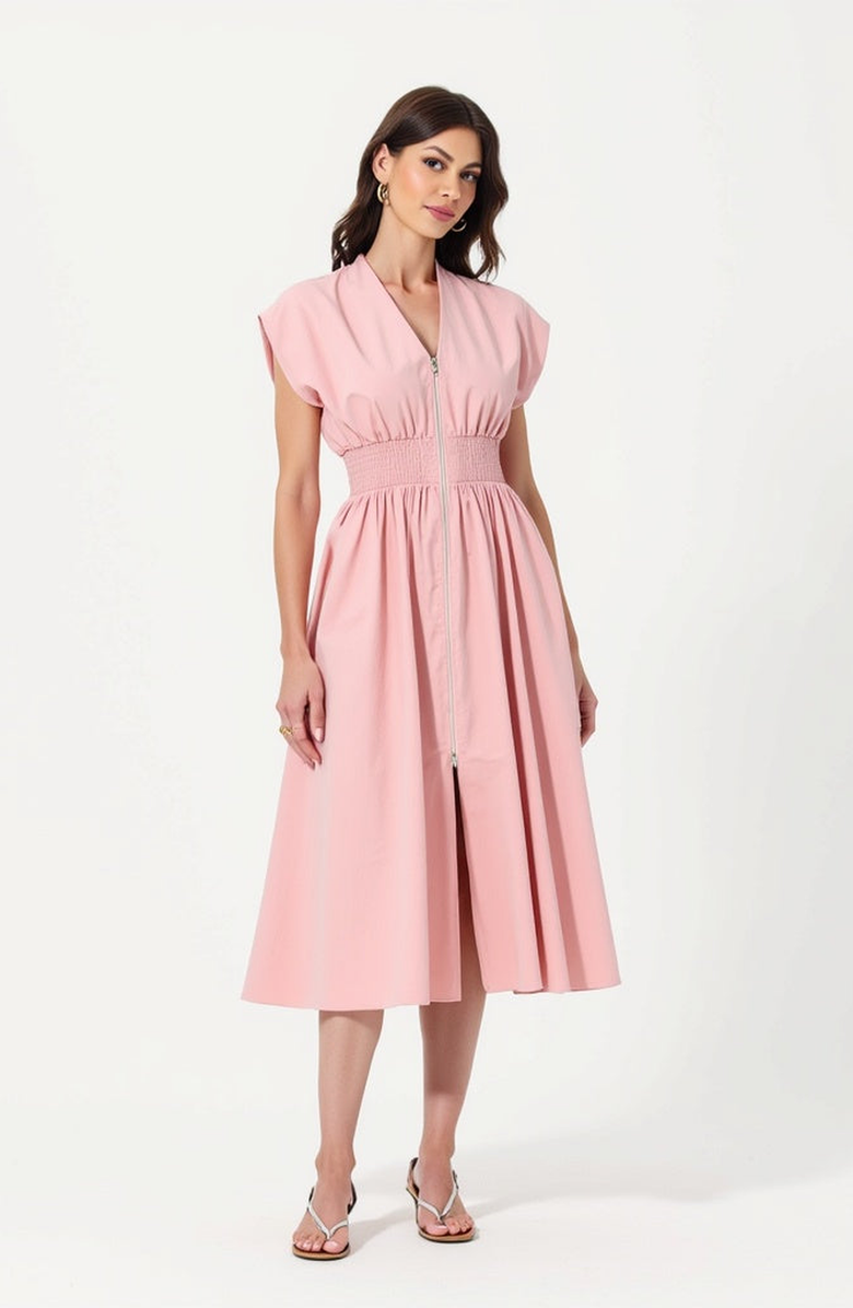 Modenaire Cap Sleeve Midi Dress with Smocked Waist Front Zip and Side Pockets, Main, color, Pink