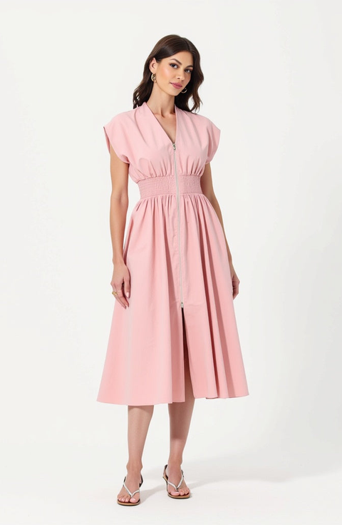 Cap Sleeve Midi Dress with Smocked Waist Front Zip and Side Pockets