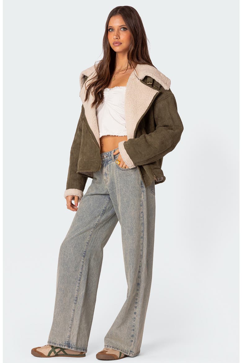 Oversize Faux Shearling & Faux Suede Jacket, Alternate, color, OLIVE