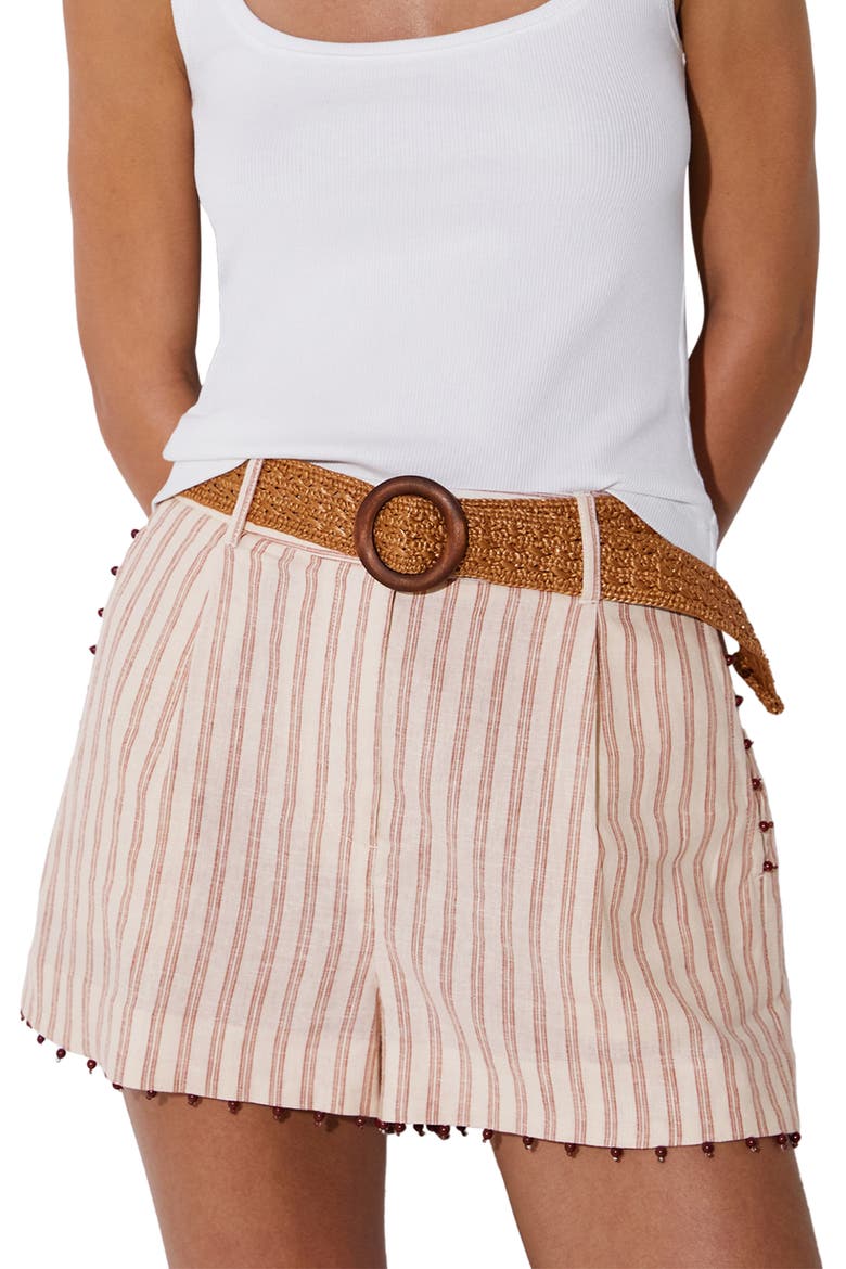 Chloe Beaded Belted Linen Blend Cover-Up Shorts, Main, color, CORAL ORANGE/ IV