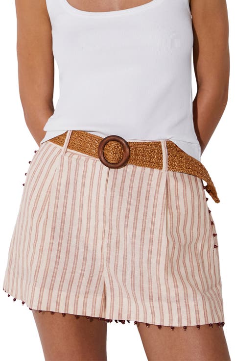 Chloe Beaded Belted Linen Blend Cover-Up Shorts