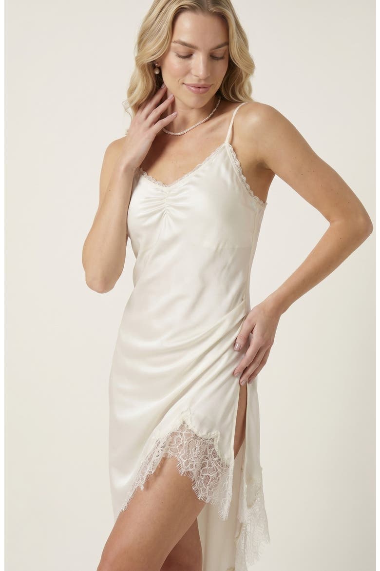 Asymmetric Satin Slip Dress with Lace Trim, Alternate, color, White