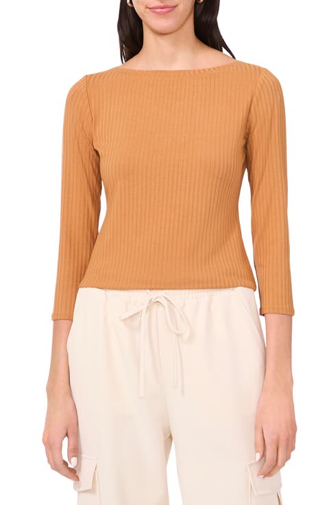 Rib Boat Neck Three-Quarter Sleeve Top