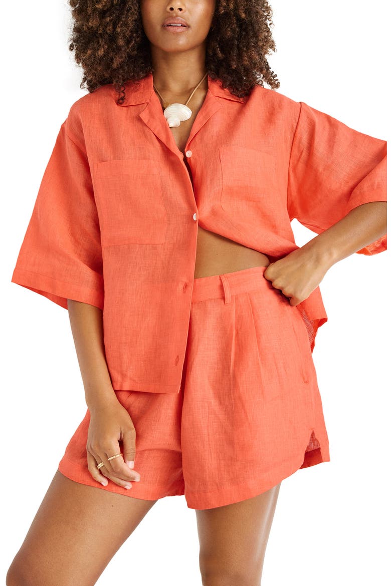 Rowan Resort Linen Cover-Up Shirt, Alternate, color, CORAL