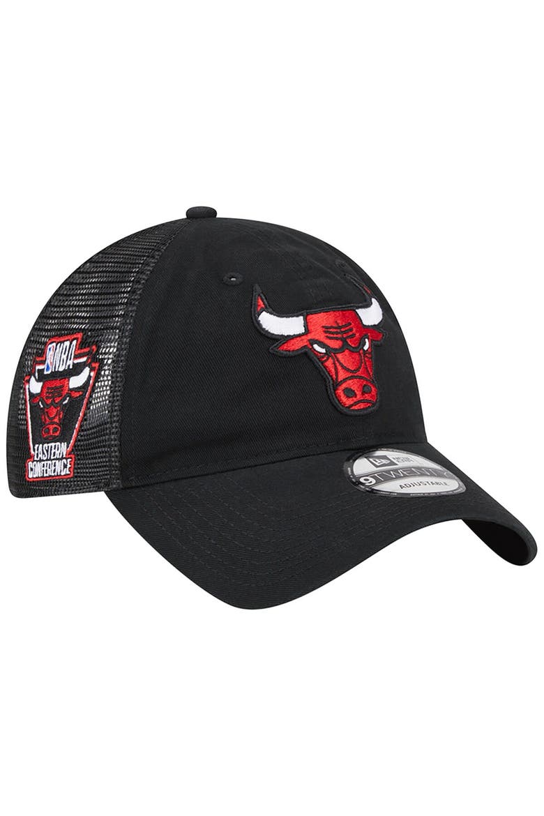Men's New Era Black Chicago Bulls Distinct Side Patch Trucker 9TWENTY Adjustable Hat, Main, color, Black