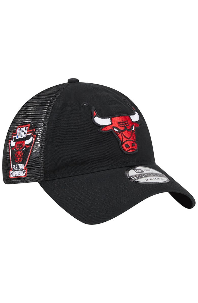 New Era Men's New Era Black Chicago Bulls Distinct Side Patch Trucker 9TWENTY Adjustable Hat, Main, color,