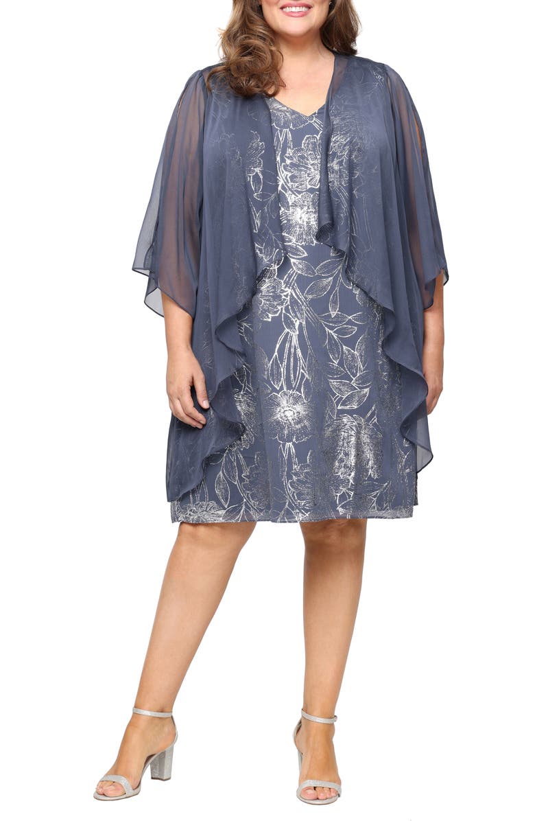 SL FASHIONS Metallic Floral Cocktail Shift Dress with Cascade Jacket, Main, color, Steel