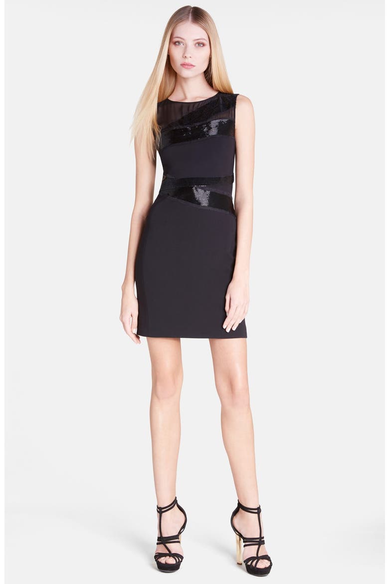 Sleeveless Illusion Yoke Sheath Dress, Main, color, NERO