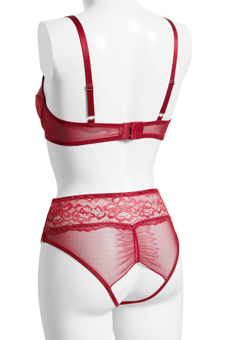 Lace Underwire Bra & Crotchless Garter Panty Set, Alternate, color, RED