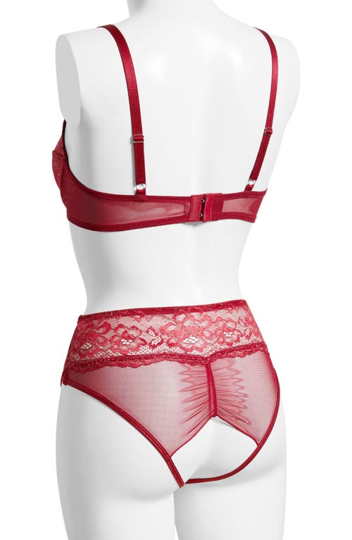 Coquette Lace Underwire Bra & Crotchless Garter Panty Set In Red