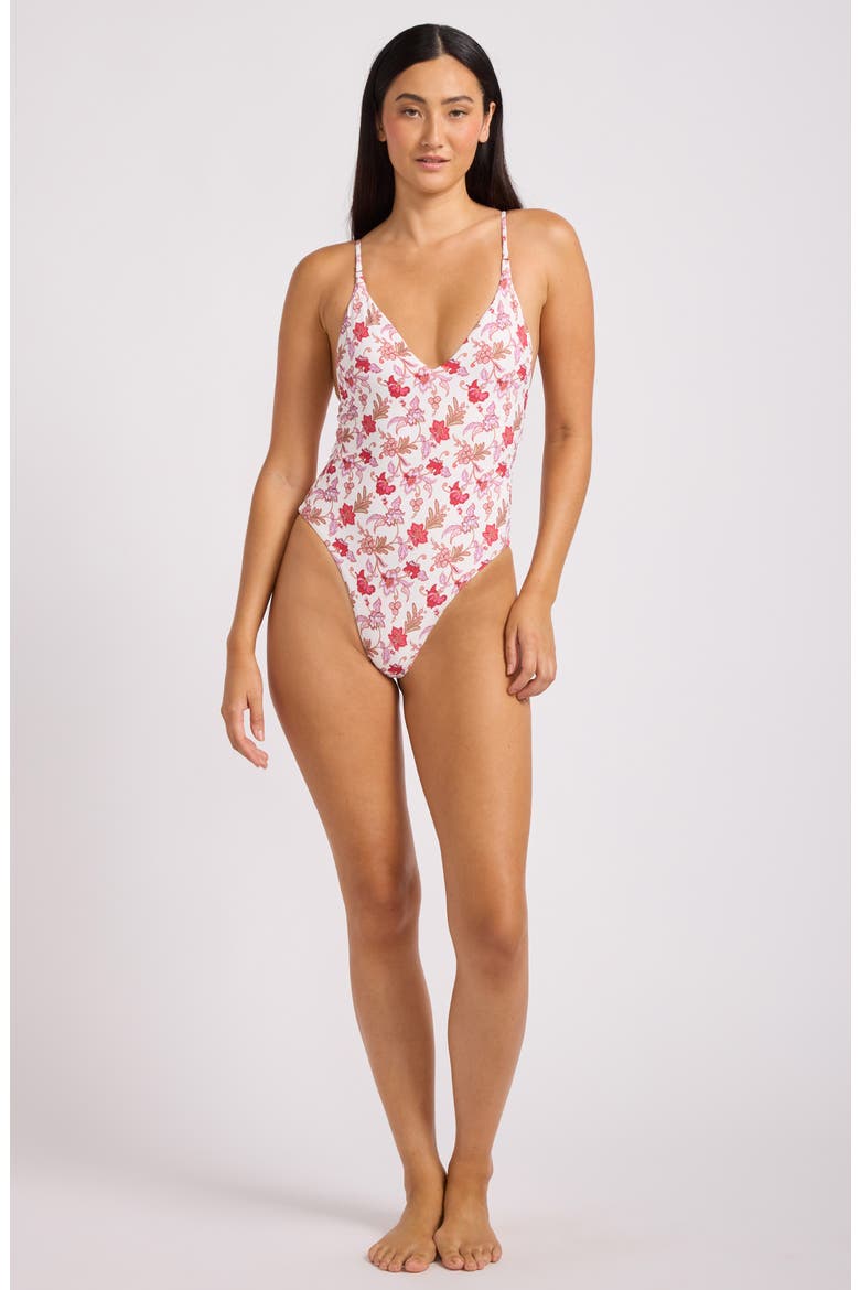 Floral V-Neck One-Piece Swimsuit, Alternate, color, ECRU