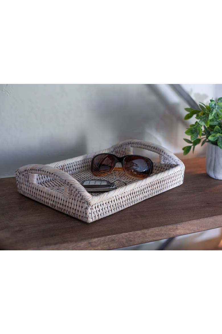 Rectangular Rattan Vanity Tray with High Handles, Alternate, color, White Wash