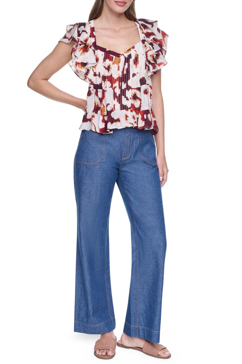 Flutter Sleeve Floral Print Shirt, Alternate, color, FLORAL INKBLOT