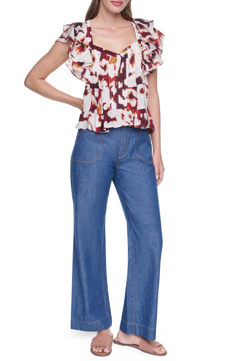 DKNY Flutter Sleeve Floral Print Shirt, Alternate, color, Floral Inkblot