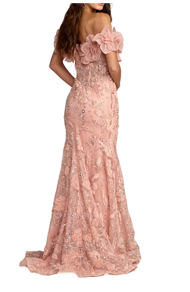 Mac Duggal Blush 3D Floral Embellished Off The Shoulder Mermaid Gown, Alternate, color, Blush